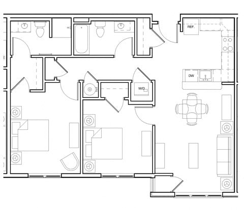 Floor plan for 2 beds, 2 baths, 970 sqft